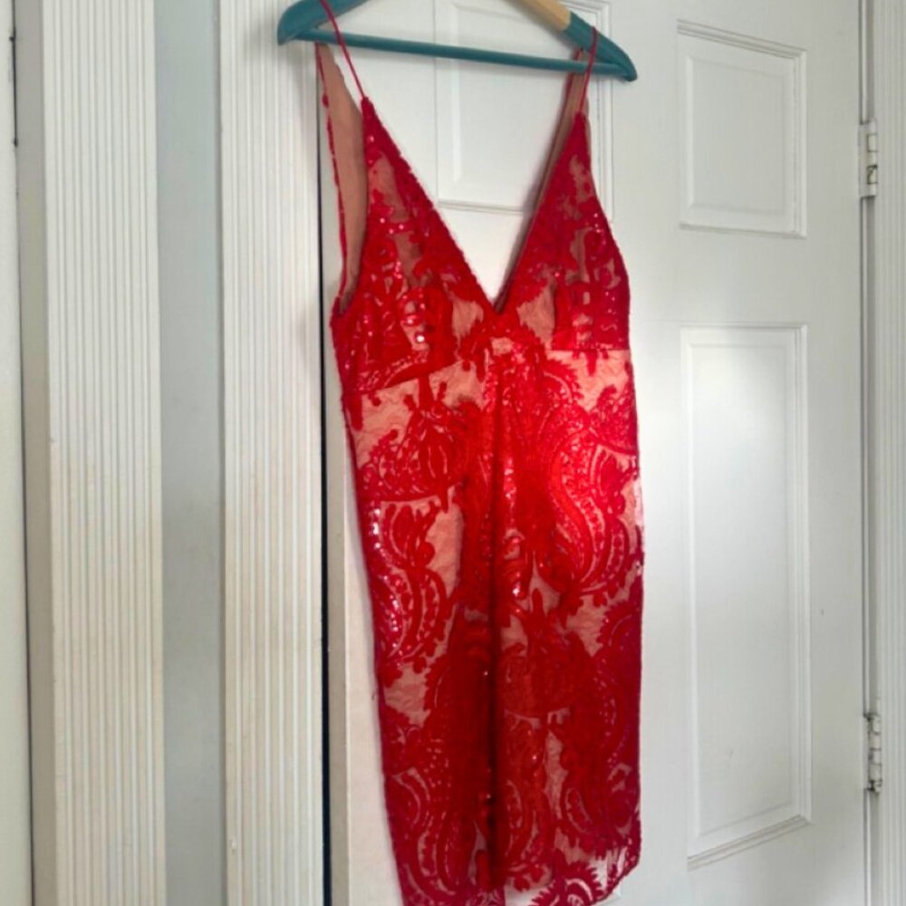 Free People Red Sparkly Sequin Lace Cocktail Dress Mini Size 4